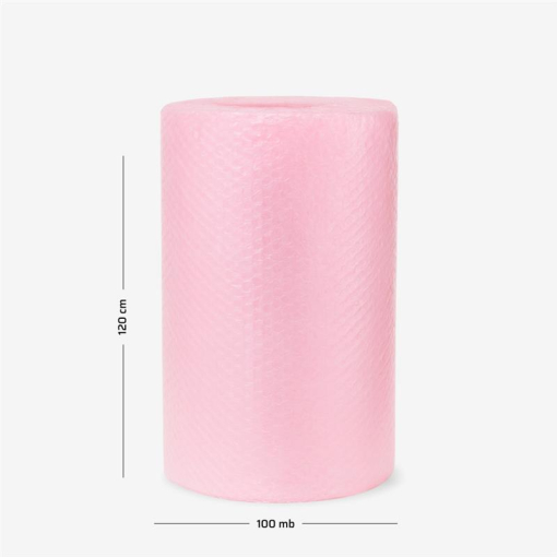 Różowa folia bąbelkowa zwinięta w rolkę 120cm 100mb, używana do ochrony delikatnych przedmiotów podczas transportu.