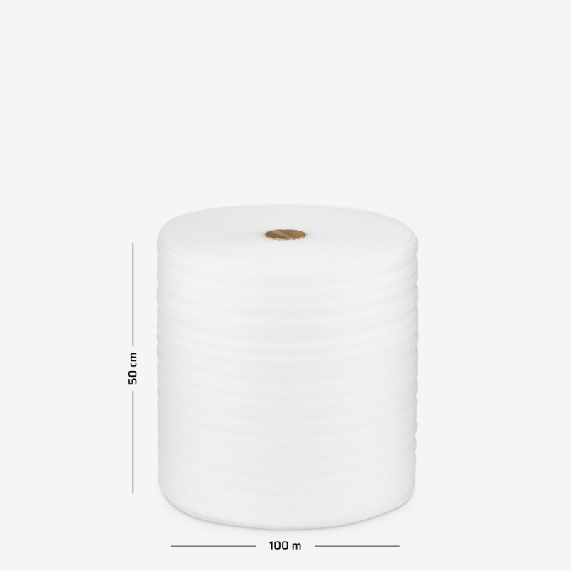 Pianka polietylenowa o grubości 2mm, zwinięta w rolkę o szerokości 50cm i nawoju 100mb do zabezpieczania towaru.