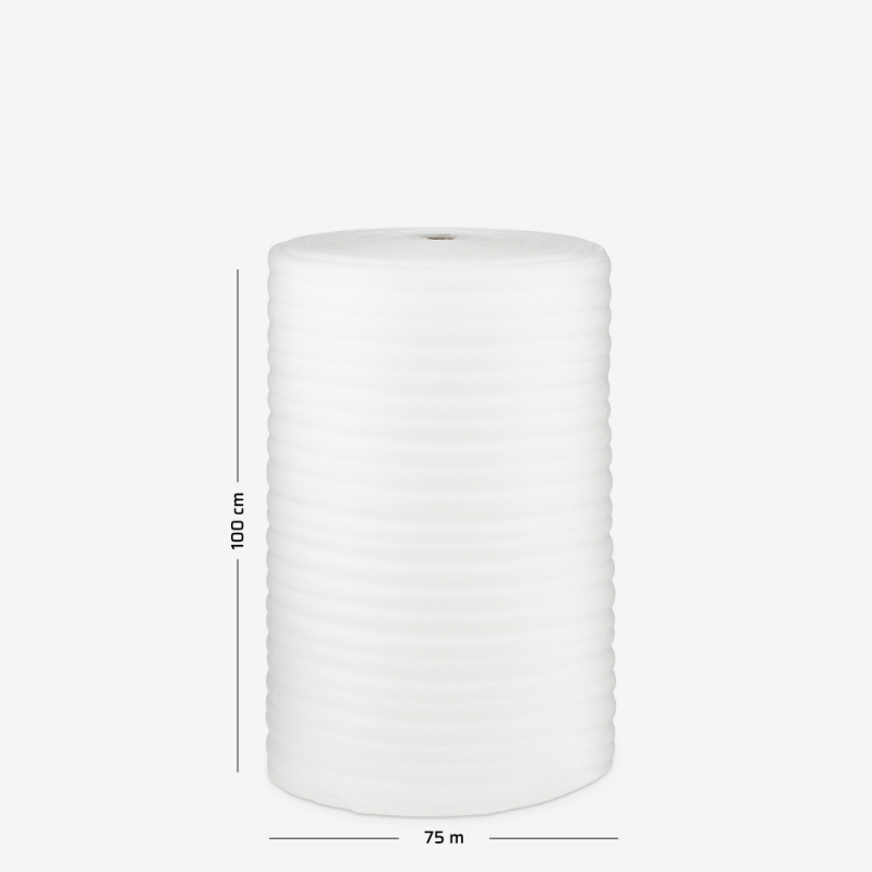 Pianka polietylenowa o grubości 3mm, zwinięta w rolkę o szerokości 100cm i nawoju 75mb do zabezpieczania towaru.