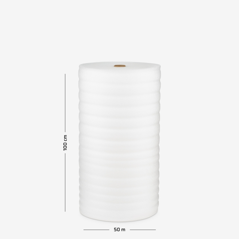 Pianka polietylenowa o grubości 5mm, zwinięta w rolkę o szerokości 100cm i nawoju 50mb do zabezpieczania towaru.