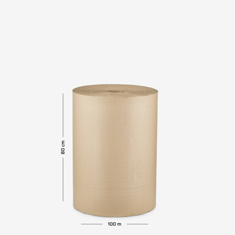 Rolka tektury dwuwarstwowej o szerokości 80 cm i nawoju 100 mb na szarym tle.