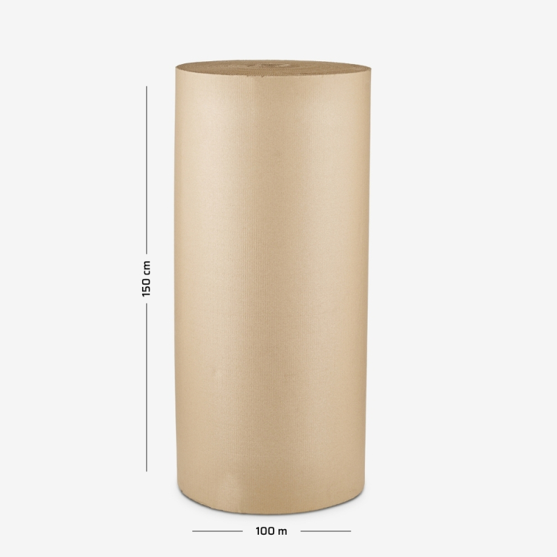 Rolka tektury dwuwarstwowej o szerokości150 cm i nawoju 100 mb na szarym tle.