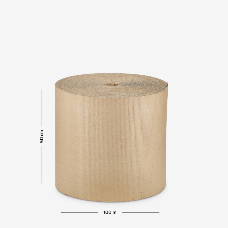 Rolka tektury dwuwarstwowej o szerokości 50 cm i nawoju 100 mb na szarym tle.