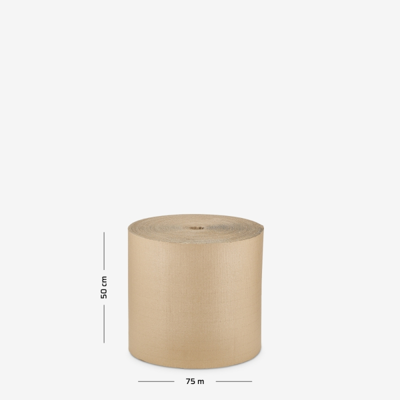 Rolka tektury dwuwarstwowej o szerokości 50 cm i nawoju 75 mb na szarym tle.