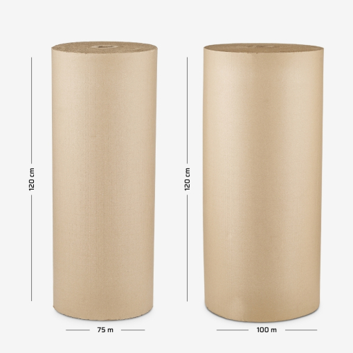 Dwie rolki tektury dwuwarstwowej o szerokości 120 cm z naniesionymi wymiarami - porównanie długości.