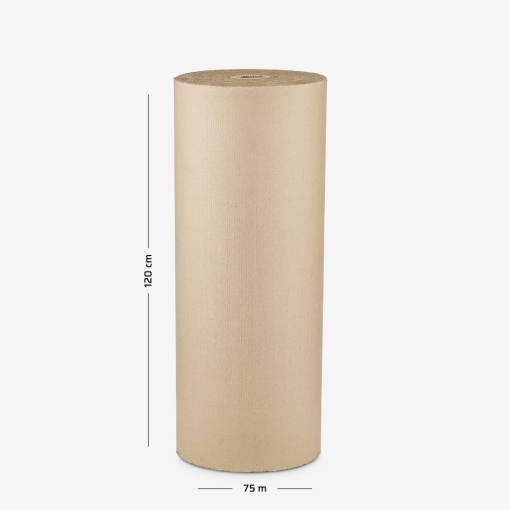 Rolka tektury dwuwarstwowej o szerokości 120 cm i nawoju 75 mb na szarym tle.