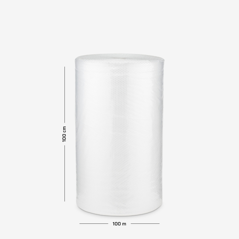 Folia bąbelkowa w rolce B2 dwuwarstwowa o szerokości 100 cm, rolka na szarym tle z wymiarami