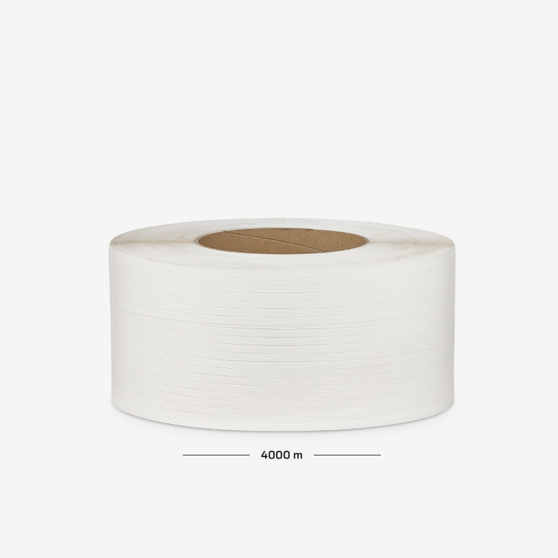 Taśma polipropylenowa w rolce o szerokości 9 mm, grubości 0,55 mm i nawoju 4000 mb, przeznaczona do spinania ładunków.
