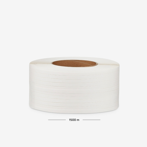 Mobilny wózek do taśmy bandującej, wyposażony w praktyczny uchwyt i kółka ułatwiające transport rolki.