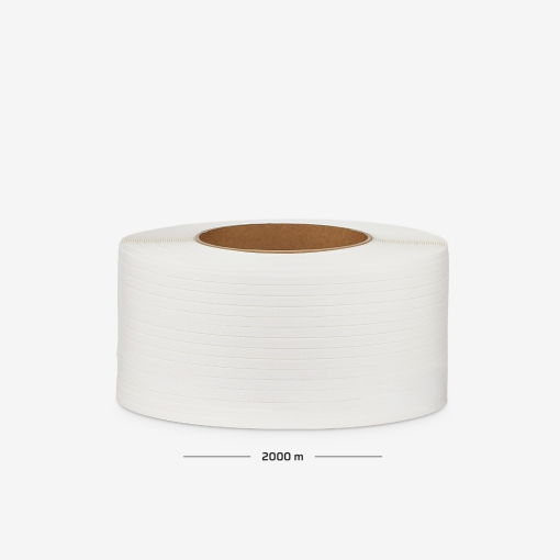 Taśma polipropylenowa w rolce o szerokości 16 mm, grubości 0,6 mm i nawoju 2000 mb, przeznaczona do spinania ładunków.