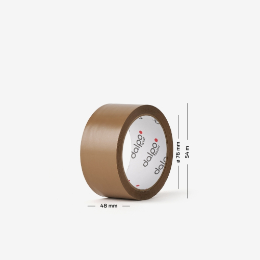 Rolka brązowej taśmy pakowej cichoodwijalnej z naniesionymi wymiarami.