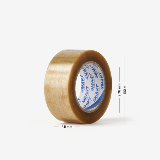 Rolka transparentnej taśmy pakowej kauczukowej z naniesionymi wymiarami, przeznaczonej do użytku biurowego i magazynowego.