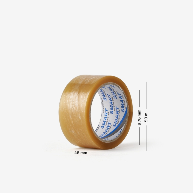 Rolka transparentnej taśmy pakowej kauczukowej z naniesionymi wymiarami, przeznaczonej do użytku biurowego i magazynowego.