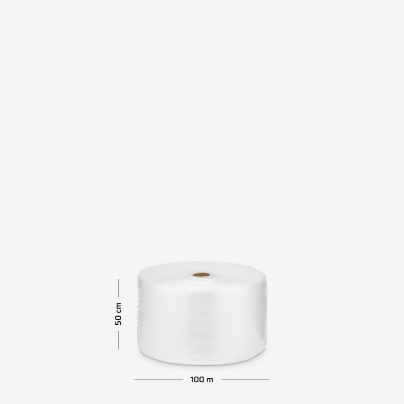 Rolka folii bąbelkowej na szarym tle z naniesionymi wymiarami, używana do owijania i ochrony delikatnych przedmiotów.