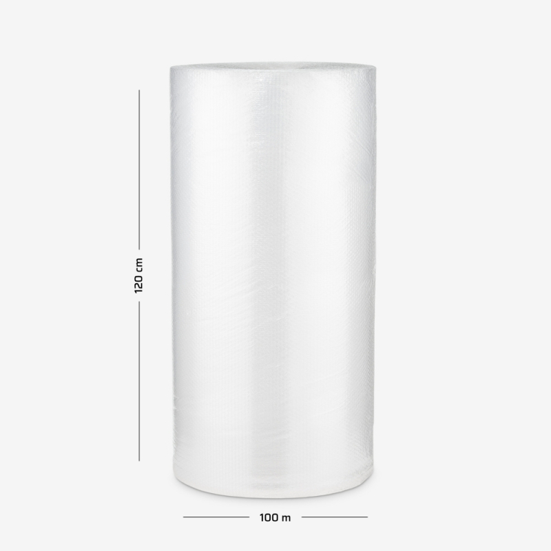 Rolka folii bąbelkowej na szarym tle z naniesionymi wymiarami, używana do owijania i ochrony delikatnych przedmiotów.