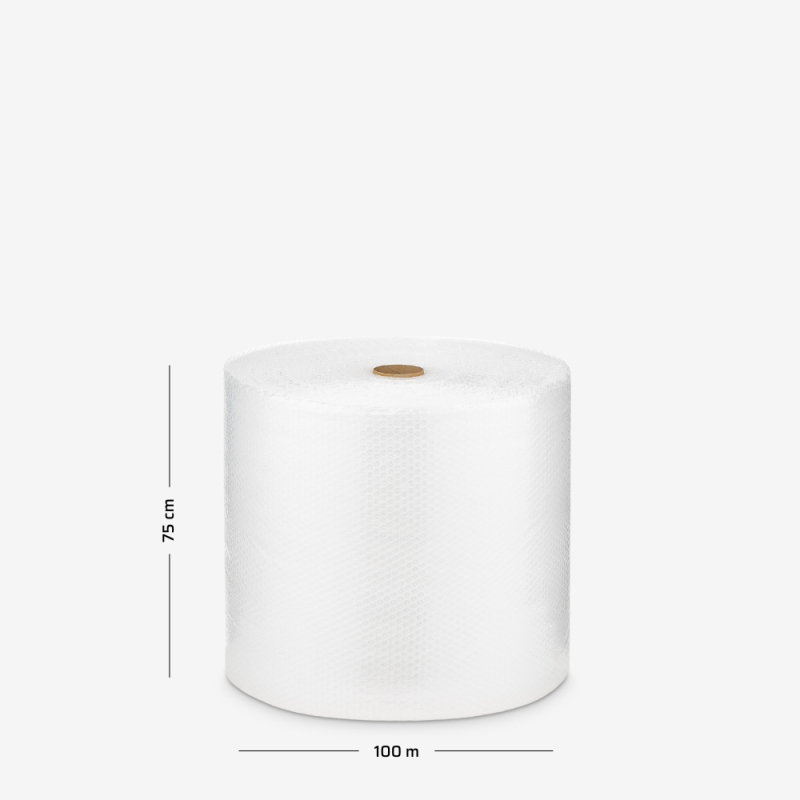 Rolka folii bąbelkowej B4 trzywarstwowej na szarym tle z naniesionymi wymiarami, używana do ochrony delikatnych przedmiotów