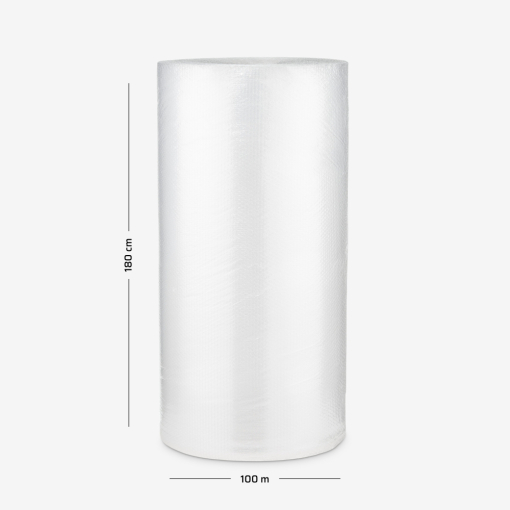 Rolka folii bąbelkowej B4 trzywarstwowej na szarym tle z naniesionymi wymiarami, używana do ochrony delikatnych przedmiotów