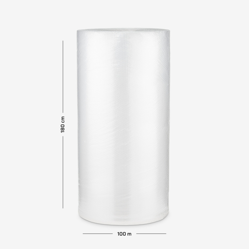 Rolka folii bąbelkowej B4 trzywarstwowej na szarym tle z naniesionymi wymiarami, używana do ochrony delikatnych przedmiotów