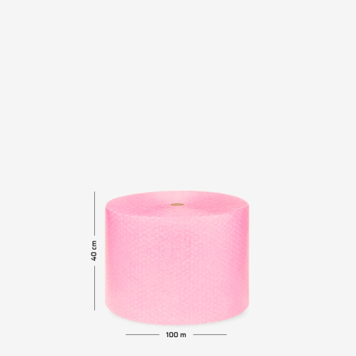 Różowa folia bąbelkowa zwinięta w rolkę 40cm 100mb, używana do ochrony delikatnych przedmiotów podczas transportu.