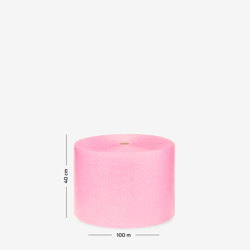 Różowa folia bąbelkowa zwinięta w rolkę 40cm 100mb, używana do ochrony delikatnych przedmiotów podczas transportu.
