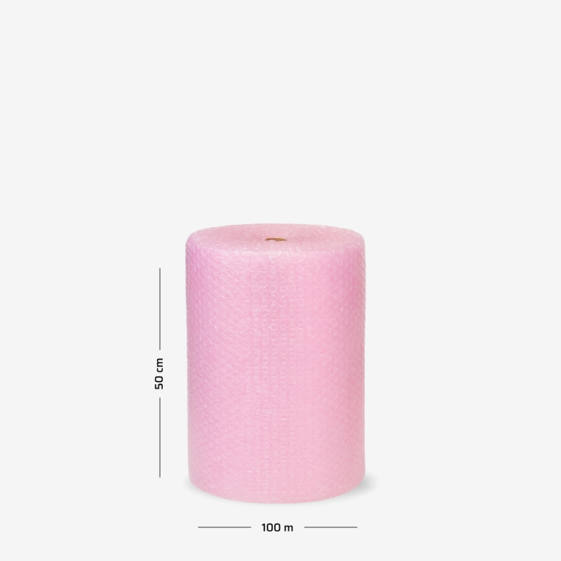 Różowa folia bąbelkowa zwinięta w rolkę 50cm 100mb, używana do ochrony delikatnych przedmiotów podczas transportu.