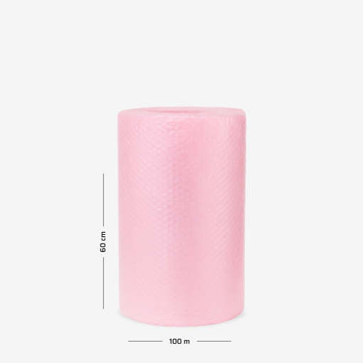 Różowa folia bąbelkowa zwinięta w rolkę 60cm 100mb, używana do ochrony delikatnych przedmiotów podczas transportu.