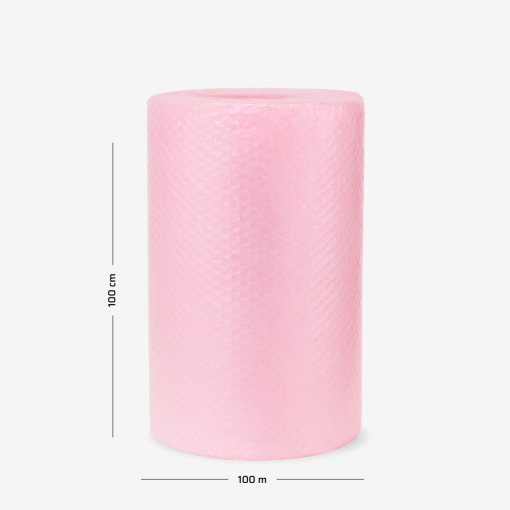 Różowa folia bąbelkowa zwinięta w rolkę 100cm 100mb, używana do ochrony delikatnych przedmiotów podczas transportu.