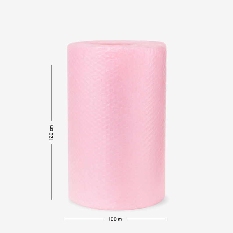 Różowa folia bąbelkowa zwinięta w rolkę 120cm 100mb, używana do ochrony delikatnych przedmiotów podczas transportu.