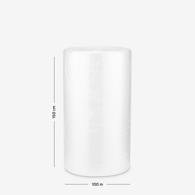Folia bąbelkowa w rolce B1 - Lekka 2w o szerokości 150cm, rolka na szarym tle z wymiarami