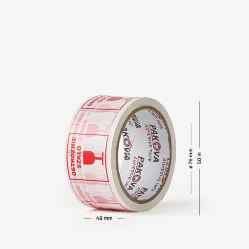 Rolka taśmy klejącej z napisem "Ostrożnie szkło!" z naniesionymi wymiarami. Zapewnia widoczne ostrzeżenie dla kuriera.