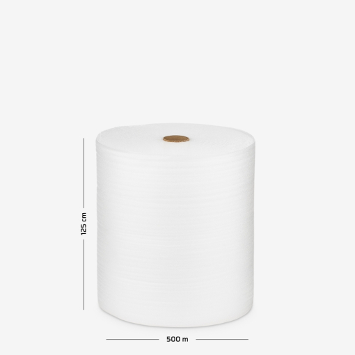 Pianka polietylenowa PE 1 mm x 1,25 m, 500 mb nawinięta na rolkę wraz z naniesionymi wymiarami.