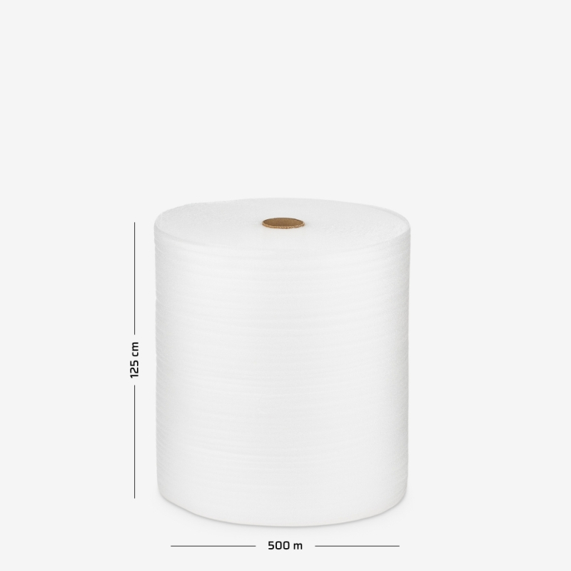 Pianka polietylenowa PE 1 mm x 1,25 m, 500 mb nawinięta na rolkę wraz z naniesionymi wymiarami.