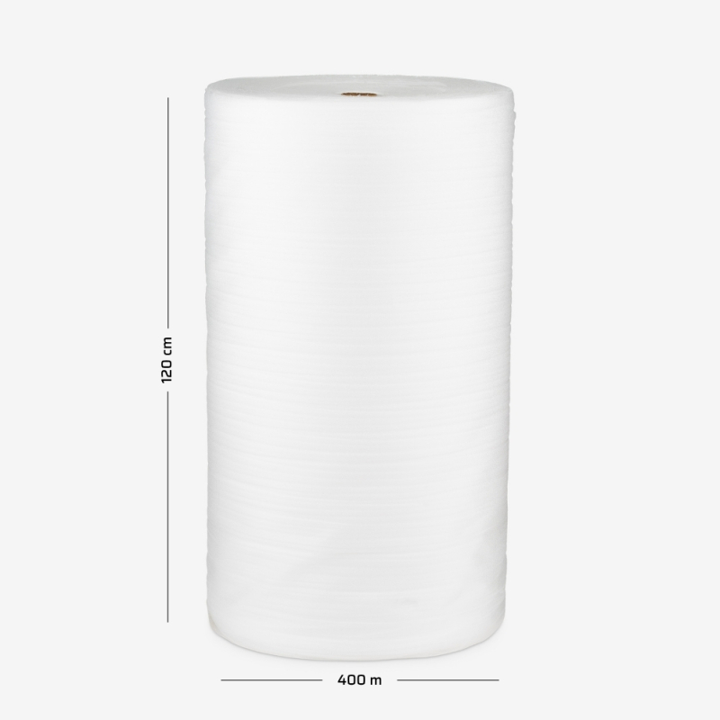Pianka polietylenowa o grubości 0.8mm, zwinięta w rolkę o szerokości 120cm i nawoju 400mb do zabezpieczania towaru.