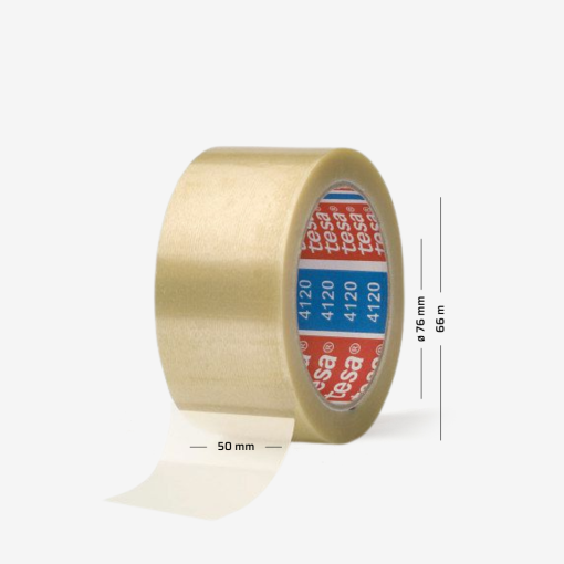 Przezroczysta taśma pakowa tesa® 4120 o szerokości 50 mm i długości 66 m, z tuleją o średnicy 76 mm.