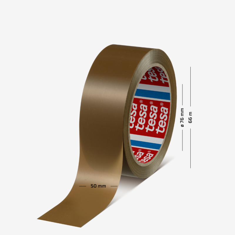 Rolka taśmy pakowej tesa® 04120 w kolorze brązowym, o szerokości 50 mm i długości 66 m, z tuleją o średnicy 76 mm.