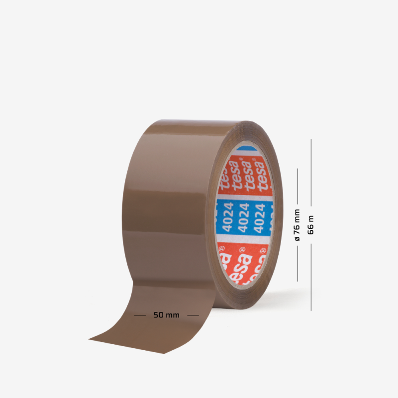Rolka brązowej taśmy pakowej tesa® 4024 o szerokości 50 mm i długości 66 m.