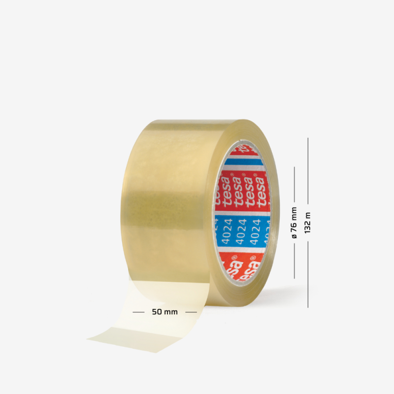 Przezroczysta taśma pakowa tesa® 4024 o szerokości 50 mm i długości 132 m, na tulei 76 mm.