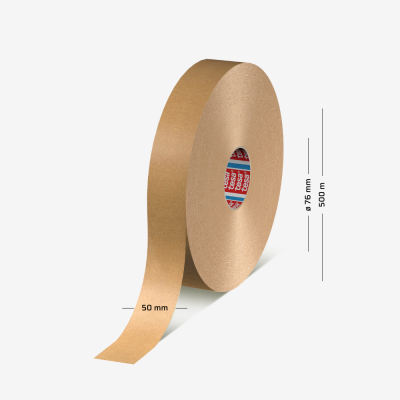 Rolka brązowej taśmy papierowej TESA® 4713 o szerokości 50 mm i długości 500 m.