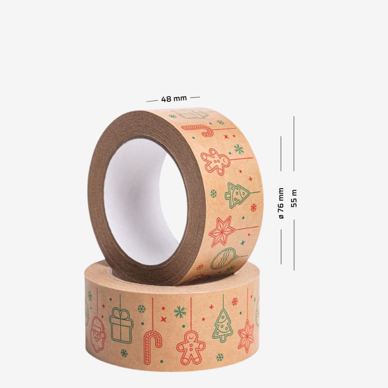 Taśma klejąca świąteczna papierowa o szerokości 48 mm i długości 50 m - idealna do pakowania prezentów.