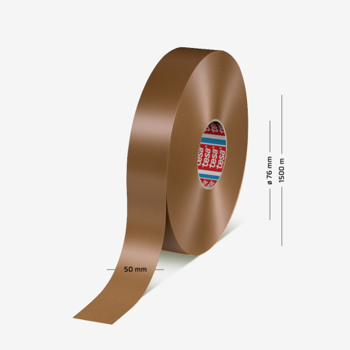 Brązowa taśma pakowa tesa® 60418 o długości 1500 m i szerokości 50 mm, do zastosowań przemysłowych.