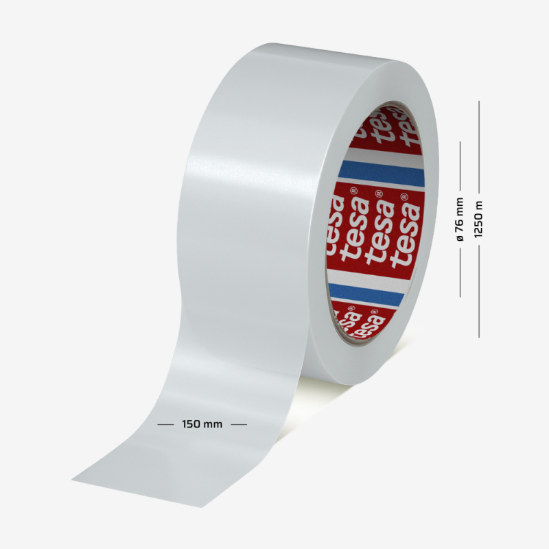 Biała, poliestrowa taśma pakowa tesa® 60416 o szerokości 150 mm i długości 1250 m, na tulei 76 mm, cichoodwijalna.