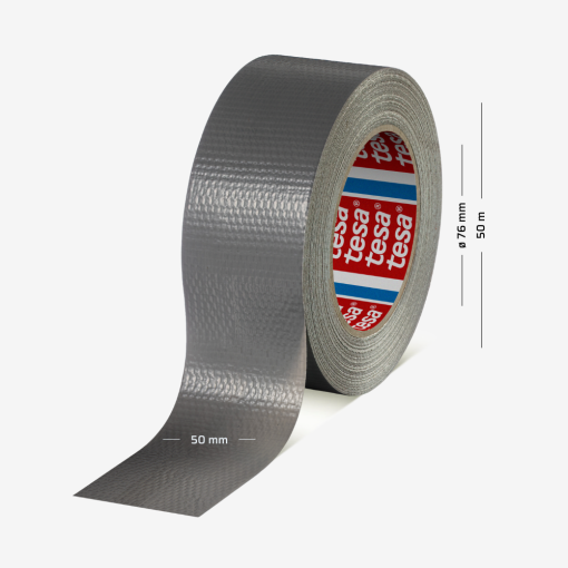 Srebrna taśma naprawcza TESA® 4615 duct tape o szerokości 50 mm i długości 50 metrów.