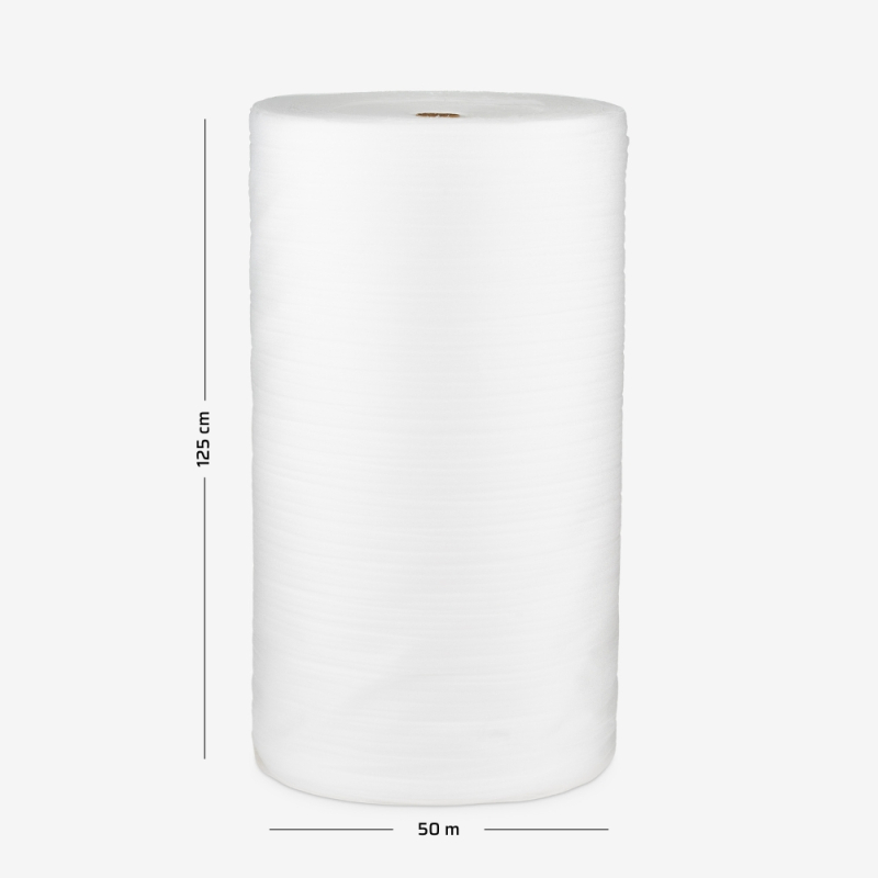 Pianka polietylenowa o grubości 8mm, zwinięta w rolkę o szerokości 125cm i nawoju 50mb do zabezpieczania towaru.