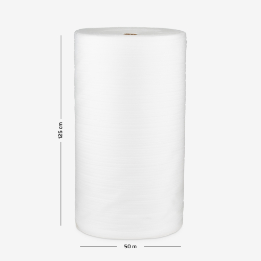 Pianka polietylenowa o grubości 10mm, zwinięta w rolkę o szerokości 125cm i nawoju 50mb do zabezpieczania towaru.