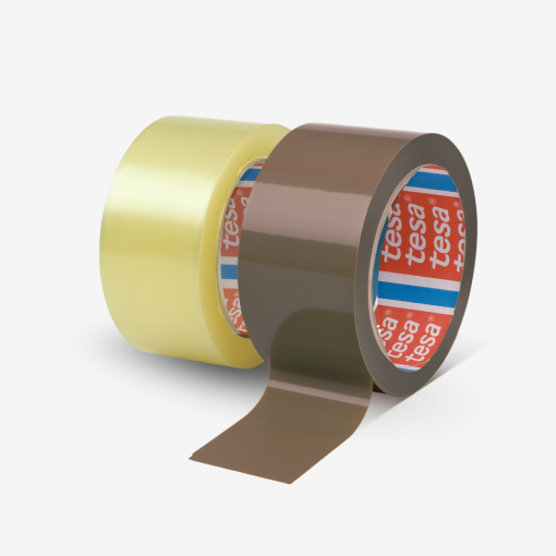 Zestaw taśm pakowych tesa® 4280 PV0 w kolorze brązowym i transparentnym w różnych długościach i szerokościach.