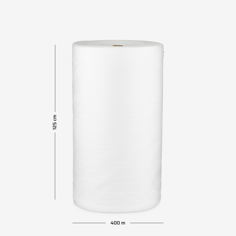Pianka polietylenowa o grubości 0.8mm, zwinięta w rolkę o szerokości 125cm i nawoju 400mb do zabezpieczania towaru.