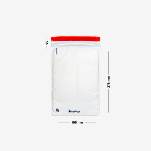 Mocne foliowe koperty bąbelkowe D14 z naniesionymi wymiarami - szerokość 195mm i długość 275mm