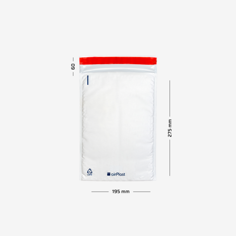 Mocne foliowe koperty bąbelkowe D14 z naniesionymi wymiarami - szerokość 195mm i długość 275mm