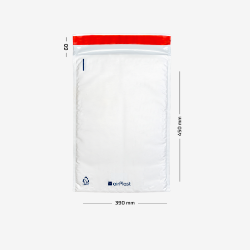 Mocne foliowe koperty bąbelkowe K20 z naniesionymi wymiarami - szerokość 390mm i długość 450mm