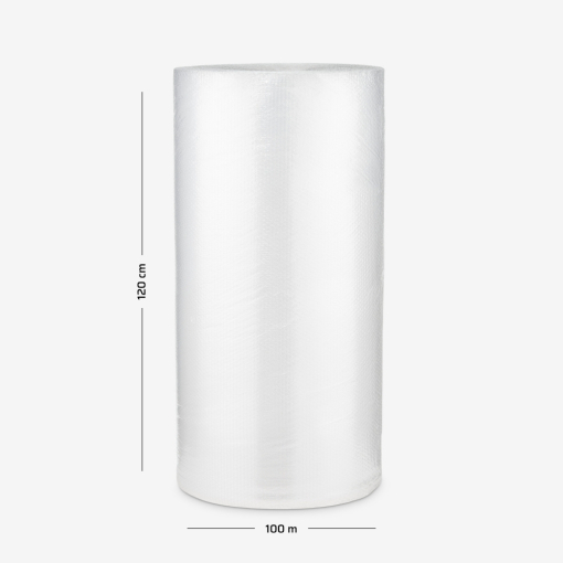 Rolka folii bąbelkowej na szarym tle z naniesionymi wymiarami, używana do owijania i ochrony delikatnych przedmiotów.